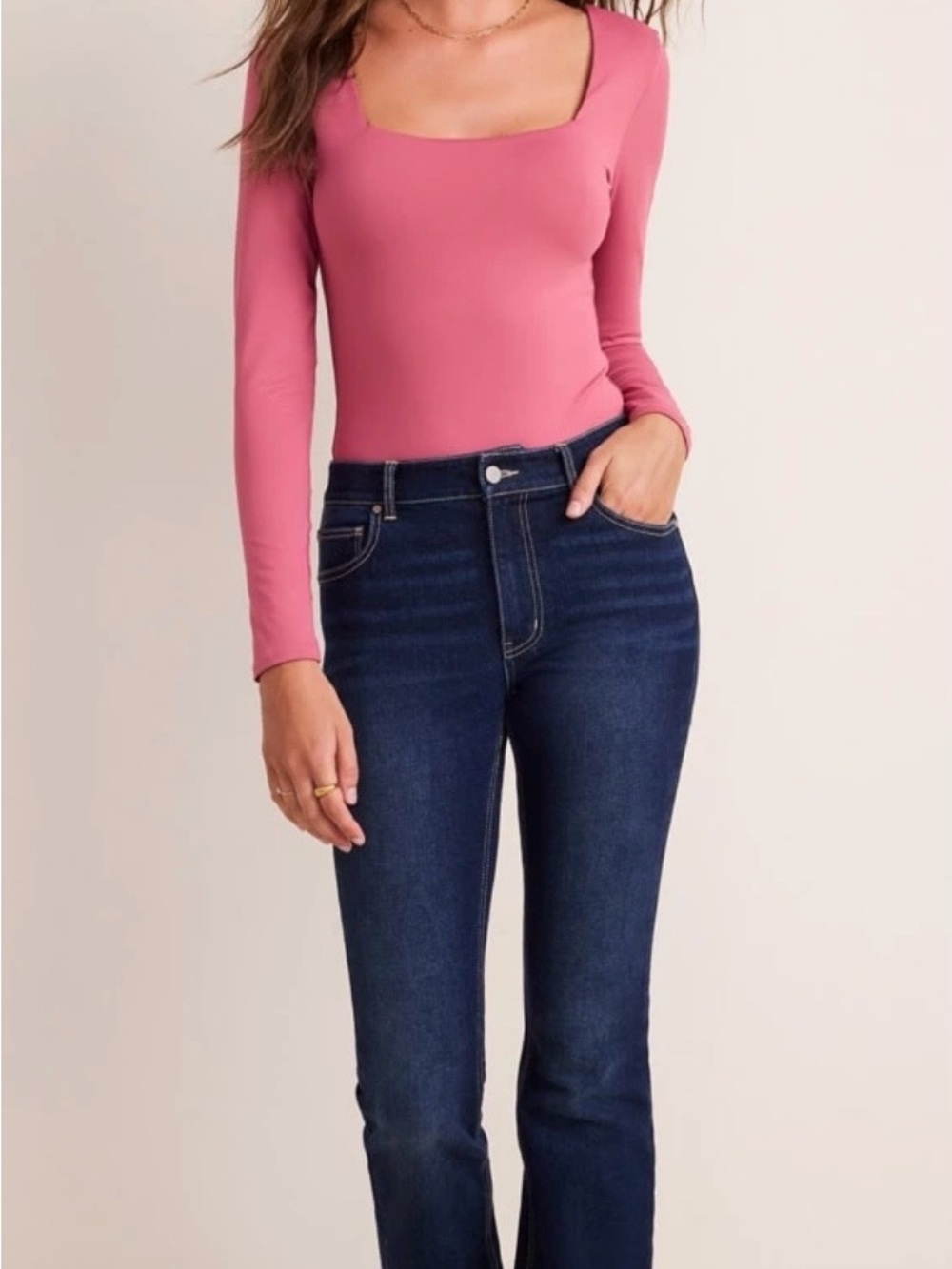Francesca's Collections Dusty Rose Square Neck Long Sleeve Bodysuit